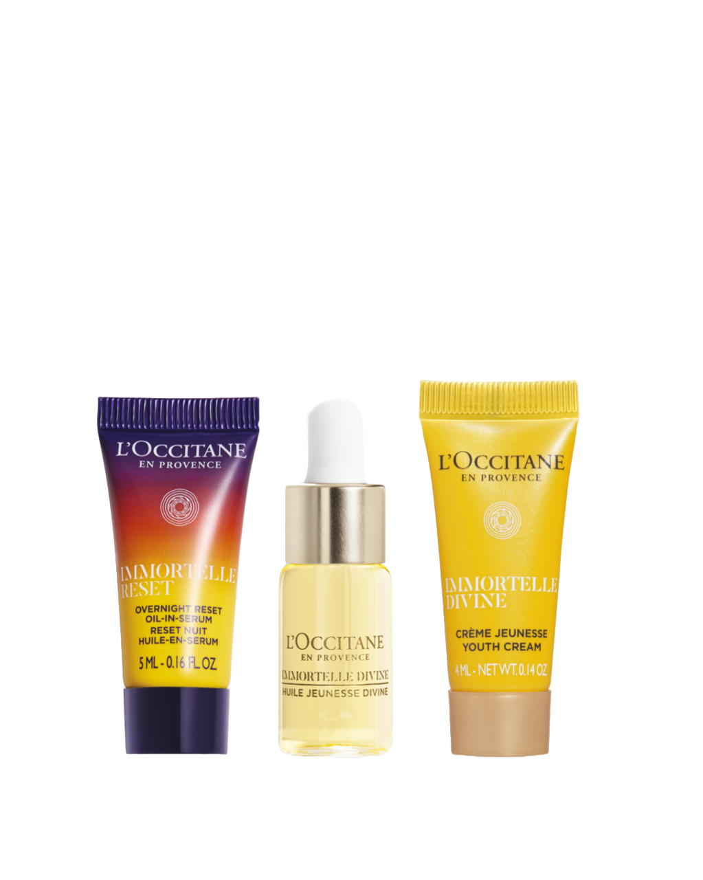 L'Occitane skincare products including a mini L'Occitane Reset Serum 5ml, a mini 4ml L'Occitane Divine Youth Oil and a Mini 4ml L'Occitane Divine Cream
