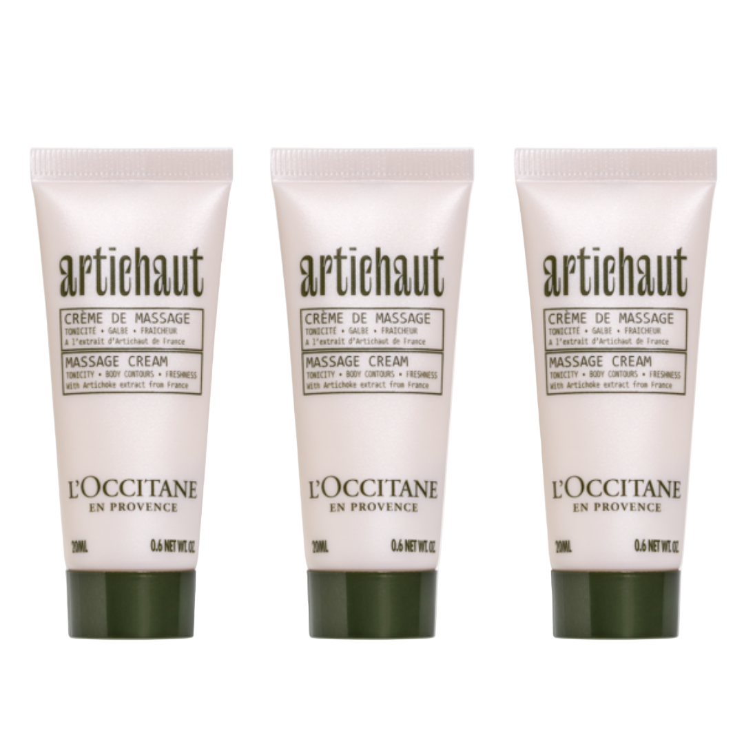 Three tubes of L'Occitane en Provence Artichoke Body Massage Cream, 20ml each, with green caps and labels indicating the cream is enriched with shea butter and apricot oil.