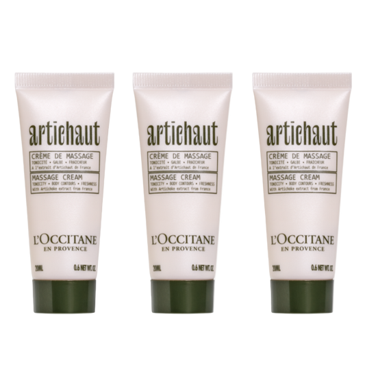 Three tubes of L'Occitane en Provence Artichoke Body Massage Cream, 20ml each, with green caps and labels indicating the cream is enriched with shea butter and apricot oil.