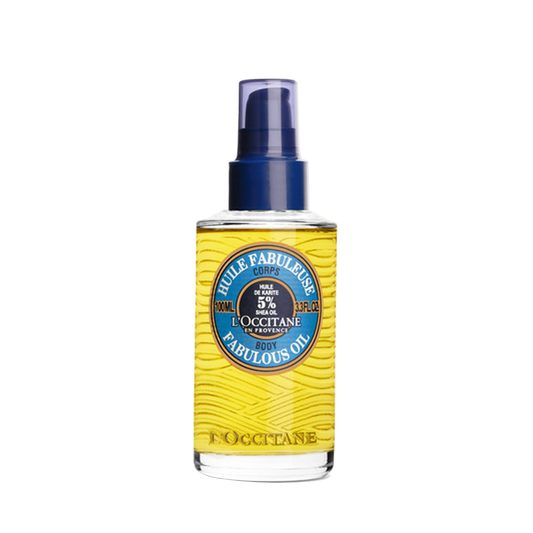 L'Occitane body oil spray bottle on a white background