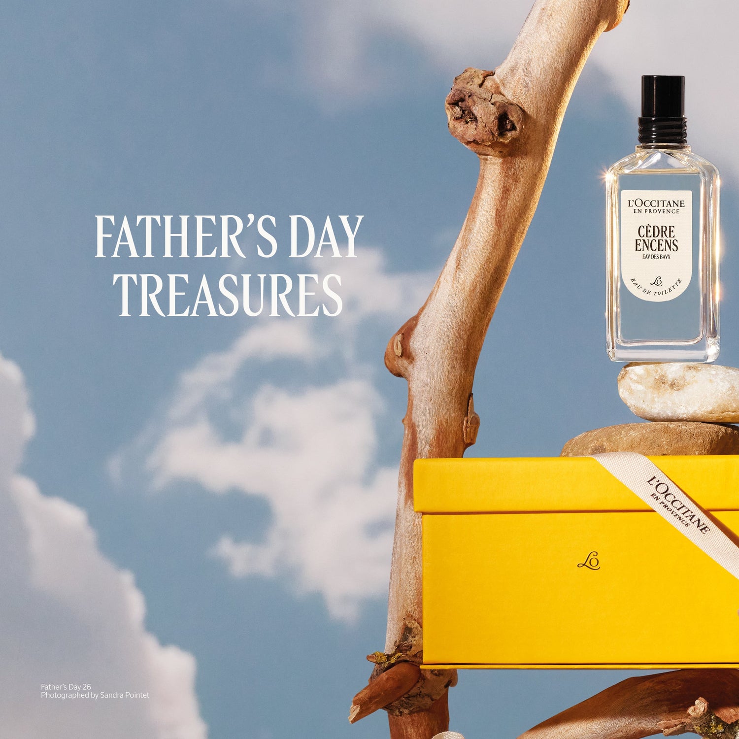 Perfume bottle on a yellow box with a hand holding a match against a blue sky background, labeled 'Father's Day Treasures'.