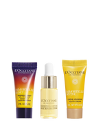 L'Occitane skincare products including a mini L'Occitane Reset Serum 5ml, a mini 4ml L'Occitane Divine Youth Oil and a Mini 4ml L'Occitane Divine Cream