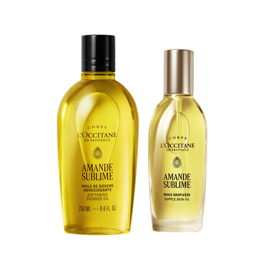 Two L'Occitane Amande Sublime skincare products on a white background