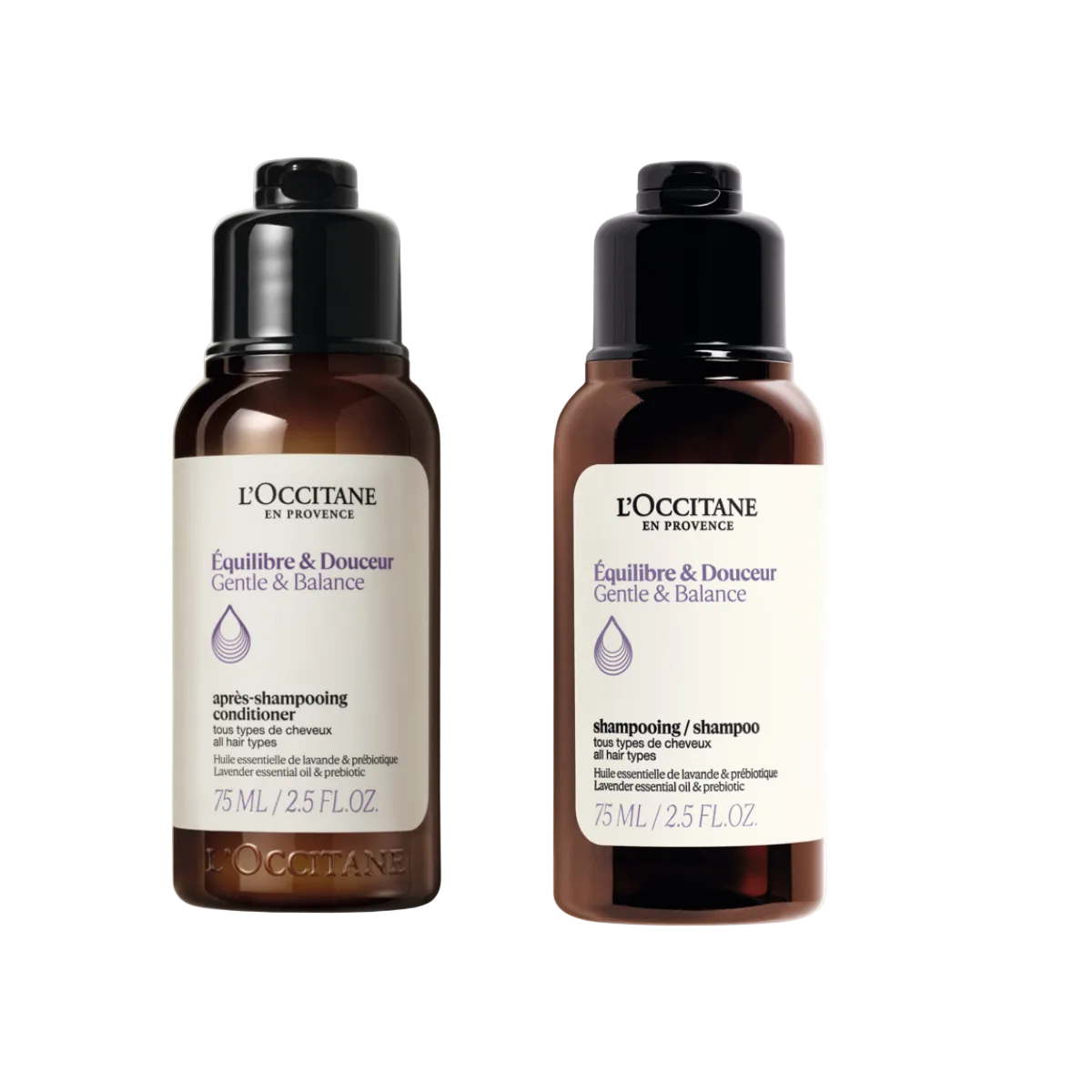 Two L'Occitane hair care bottles on a white background