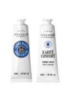 Two L'Occitane hand and foot cream tubes on a white background