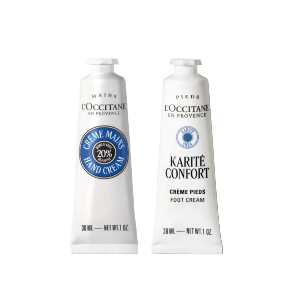 Two L'Occitane hand and foot cream tubes on a white background