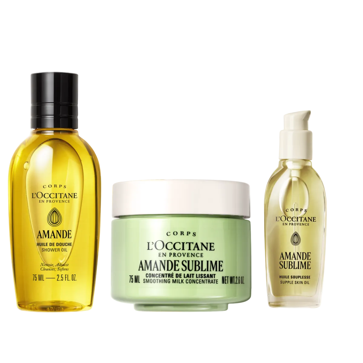 L'Occitane skincare products including a shower gel, milk, and oil on a white background - Illustration 1