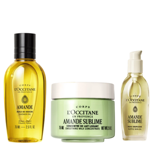 L'Occitane skincare products including a shower gel, milk, and oil on a white background