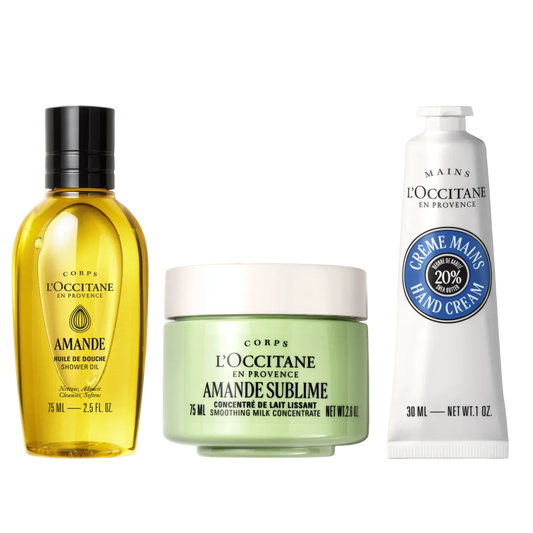 L'Occitane skincare products including a bottle, jar, and hand cream on a white background