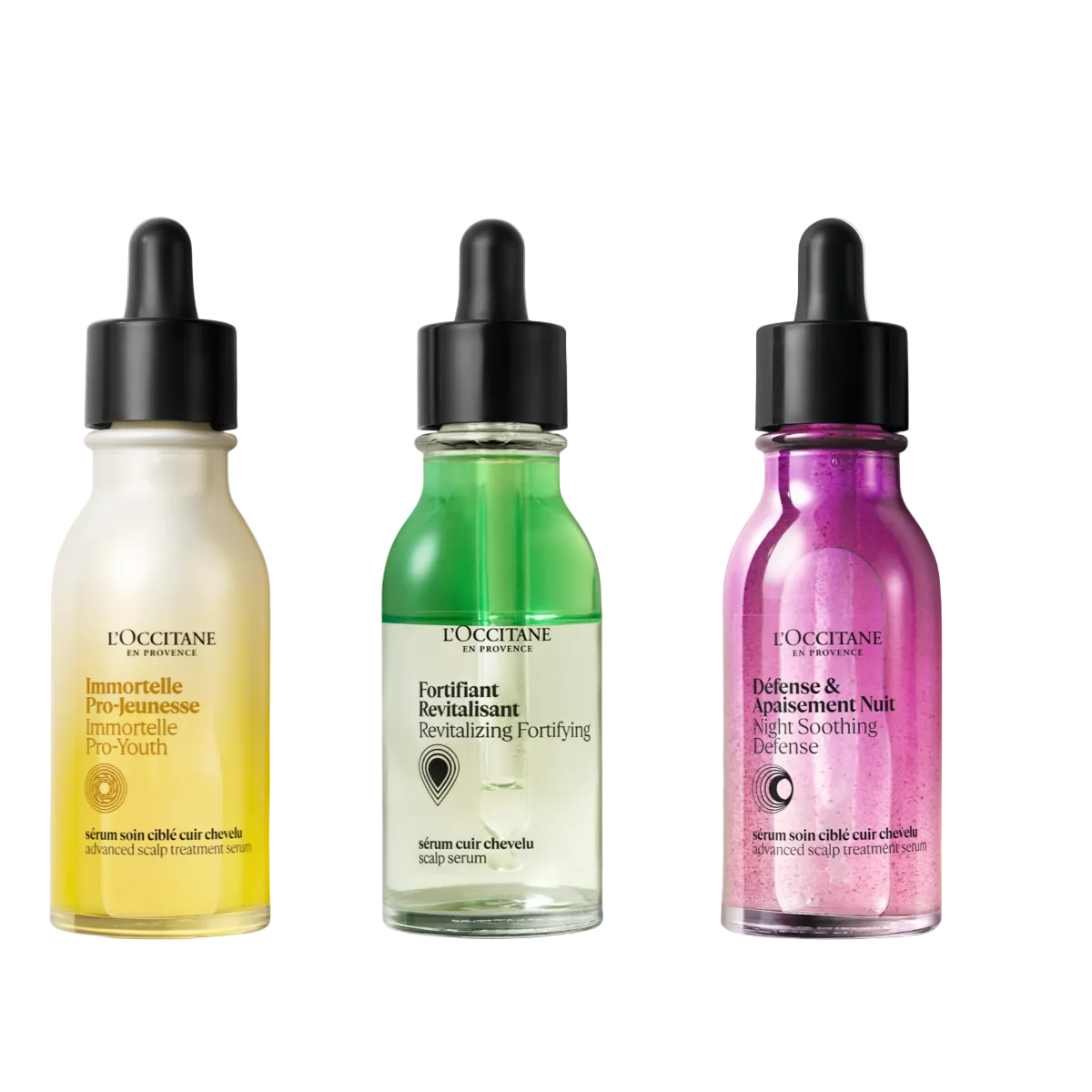 Three L'Occitane hair serum bottles in yellow, green, and pink on a white background - Illustration 1